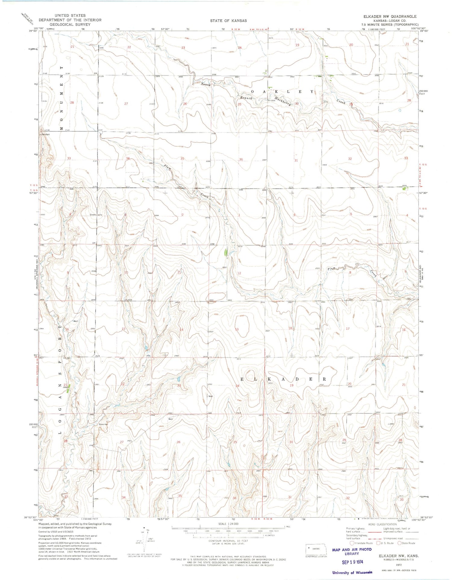 Classic USGS Elkader NW Kansas 7.5'x7.5' Topo Map Image
