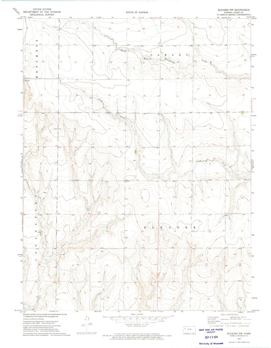 Classic USGS Elkader NW Kansas 7.5'x7.5' Topo Map Image