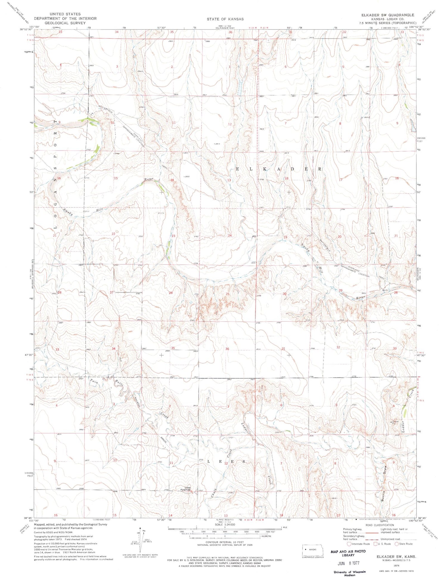Classic USGS Elkader SW Kansas 7.5'x7.5' Topo Map Image