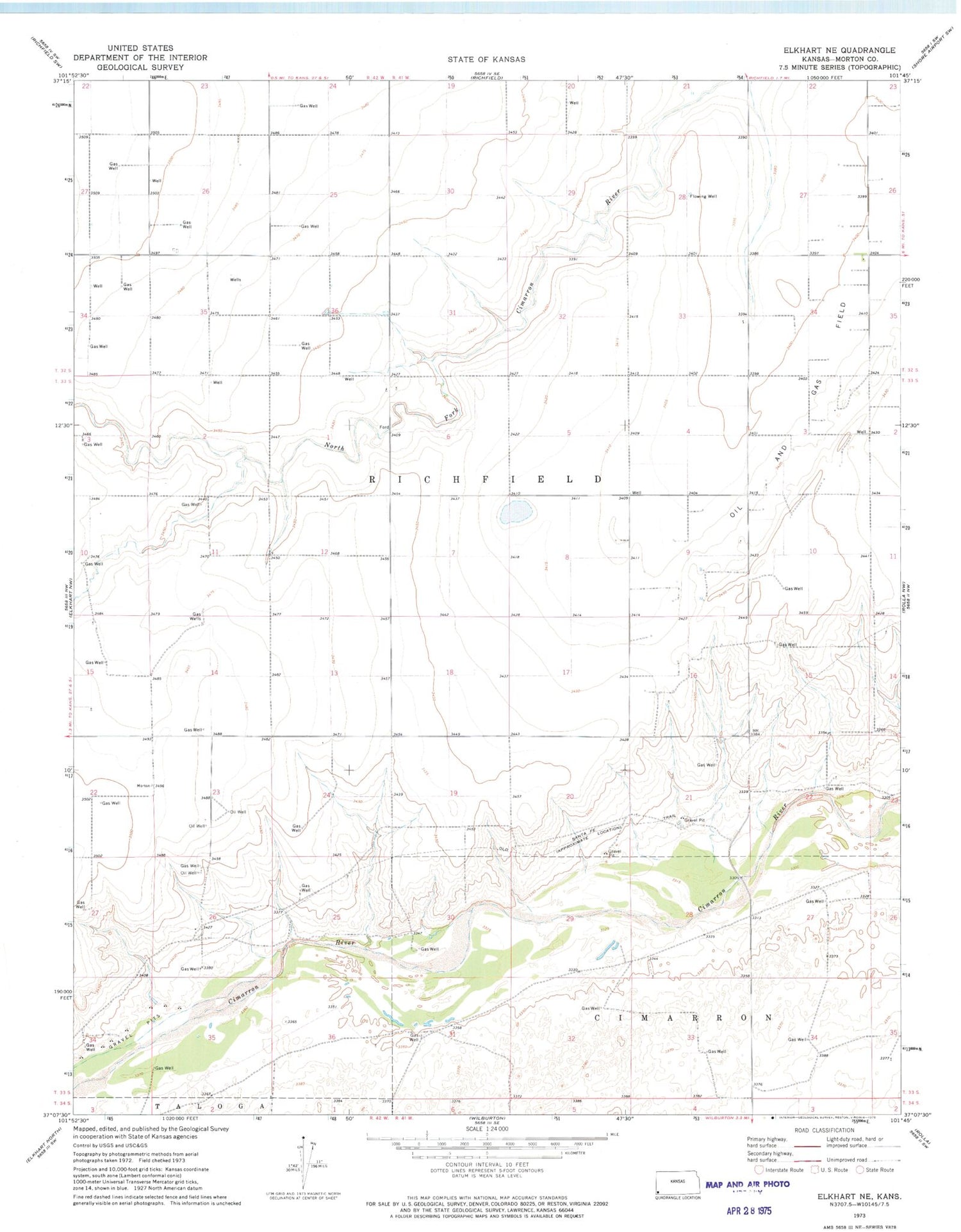 Classic USGS Elkhart NE Kansas 7.5'x7.5' Topo Map Image