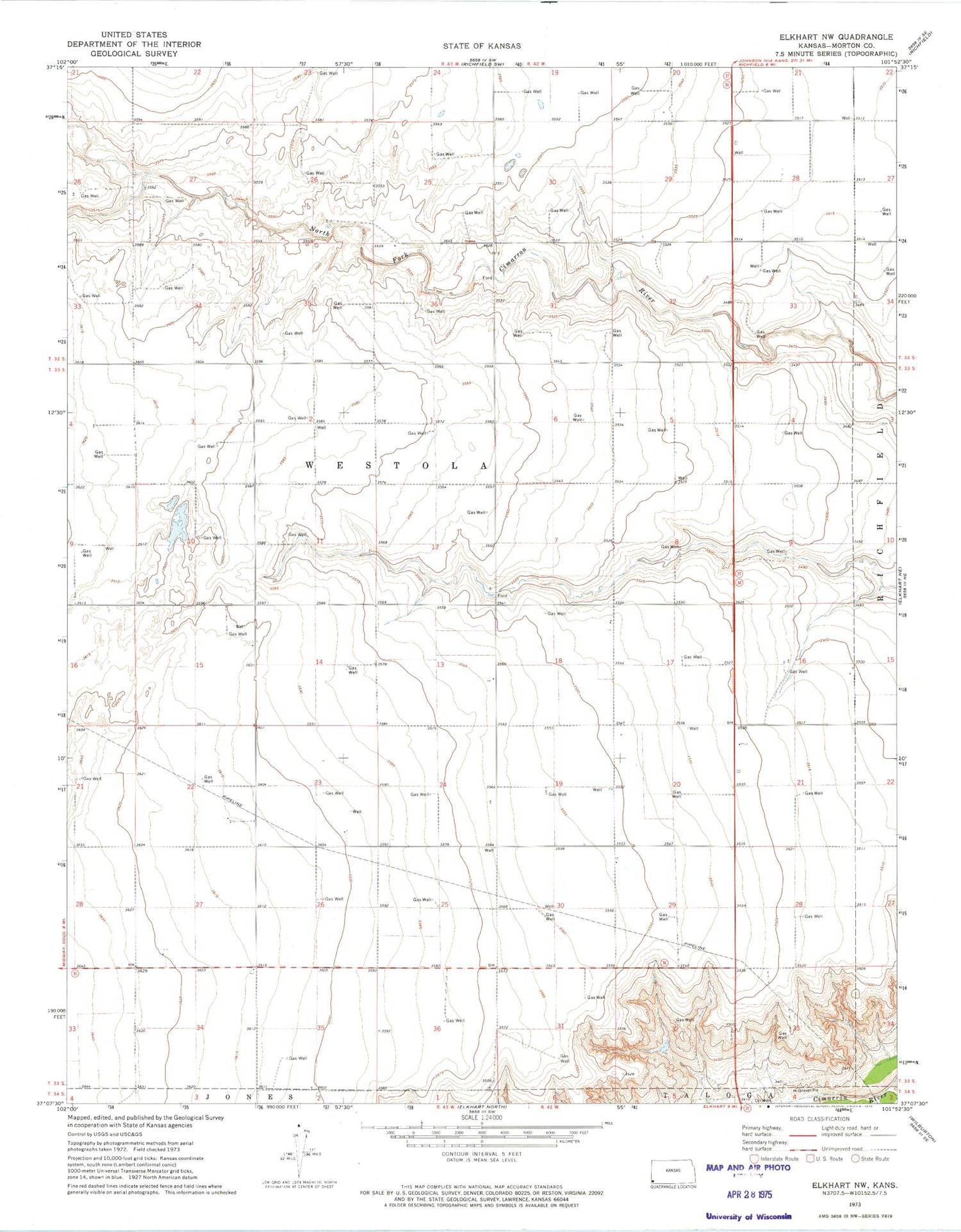 Classic USGS Elkhart NW Kansas 7.5'x7.5' Topo Map Image