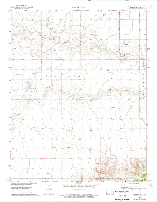 Classic USGS Elkhart NW Kansas 7.5'x7.5' Topo Map Image