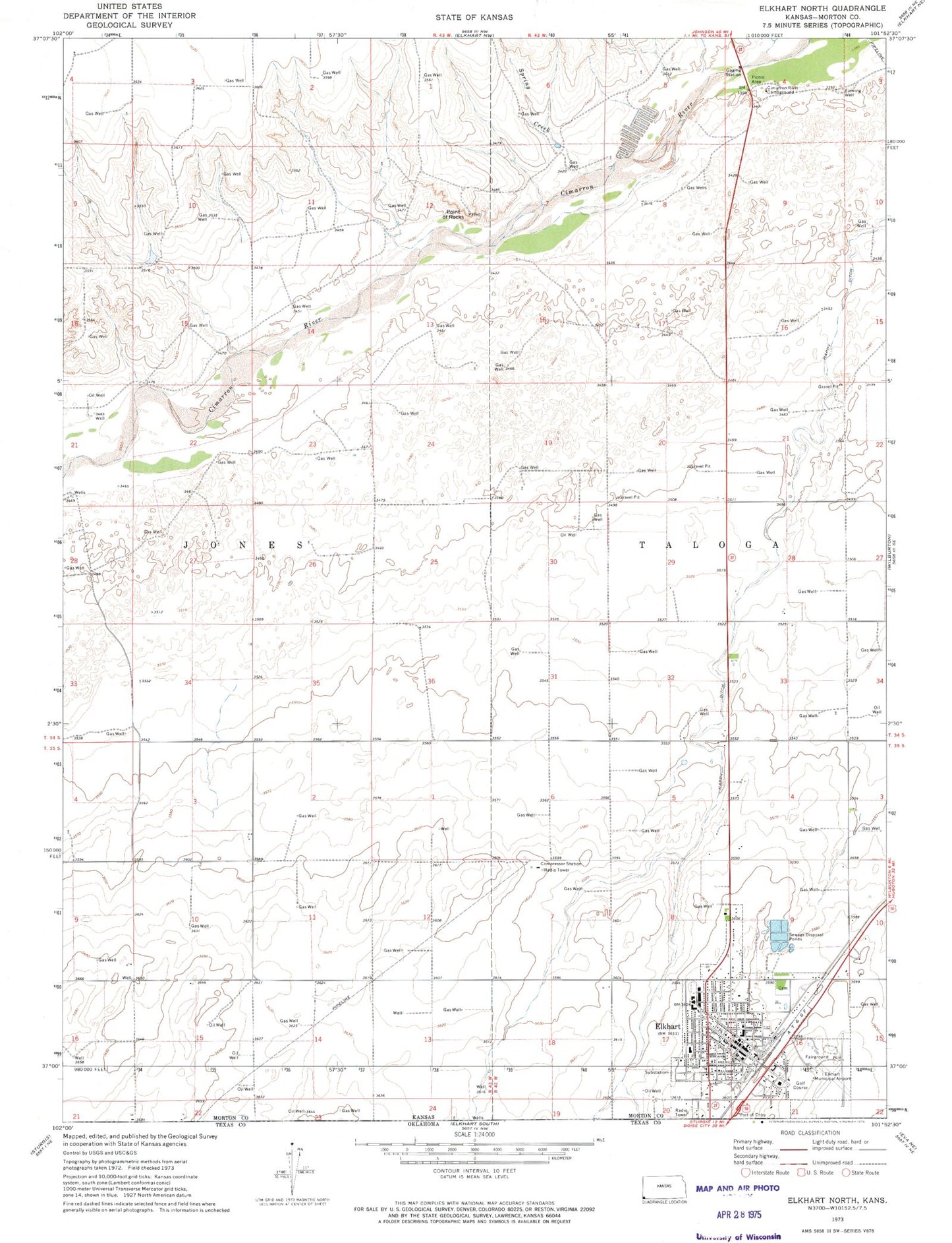 Classic USGS Elkhart North Kansas 7.5'x7.5' Topo Map Image