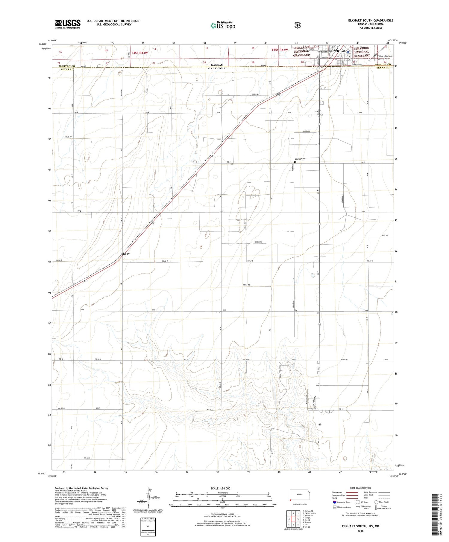 Elkhart South Kansas US Topo Map Image