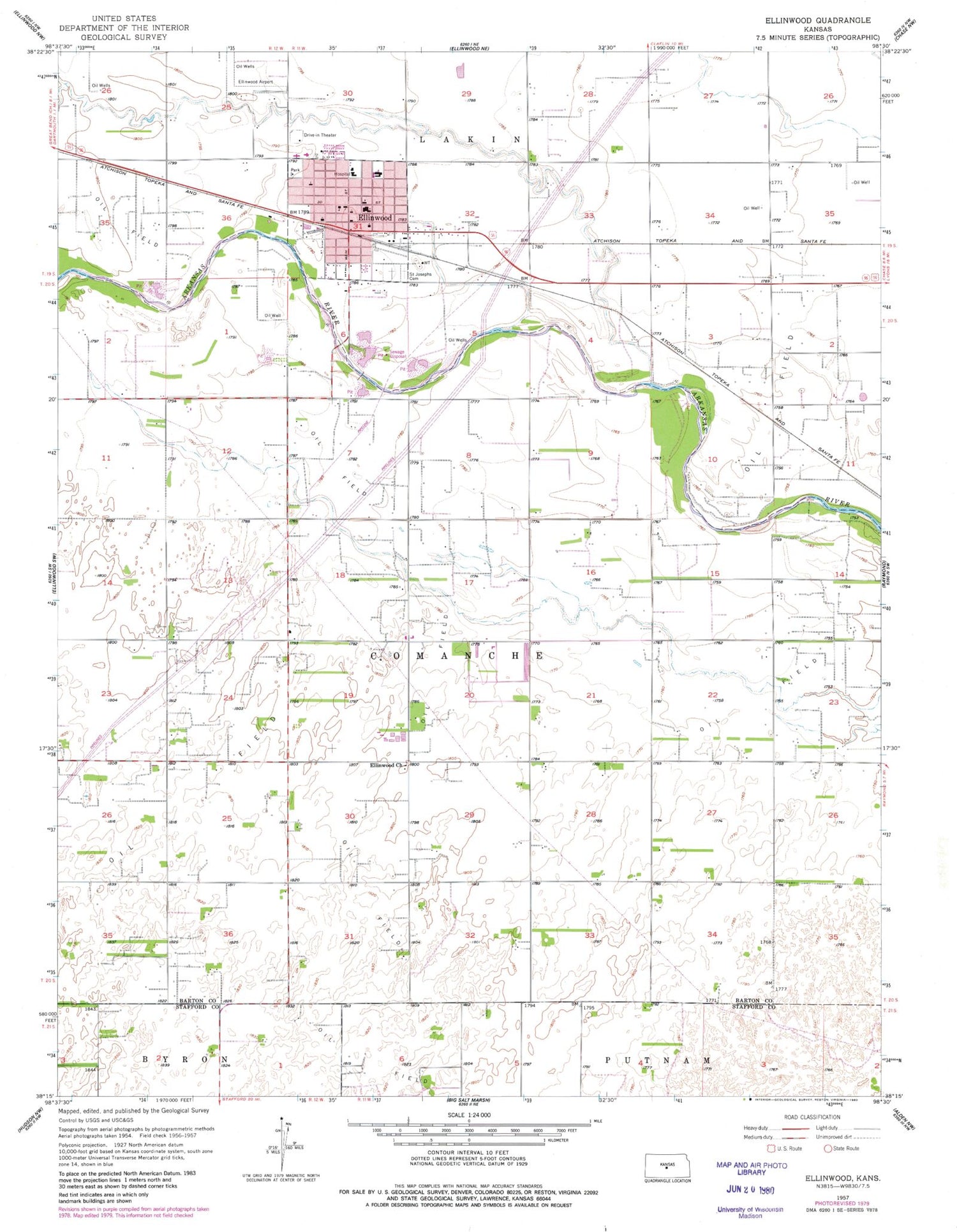 Classic USGS Ellinwood Kansas 7.5'x7.5' Topo Map Image