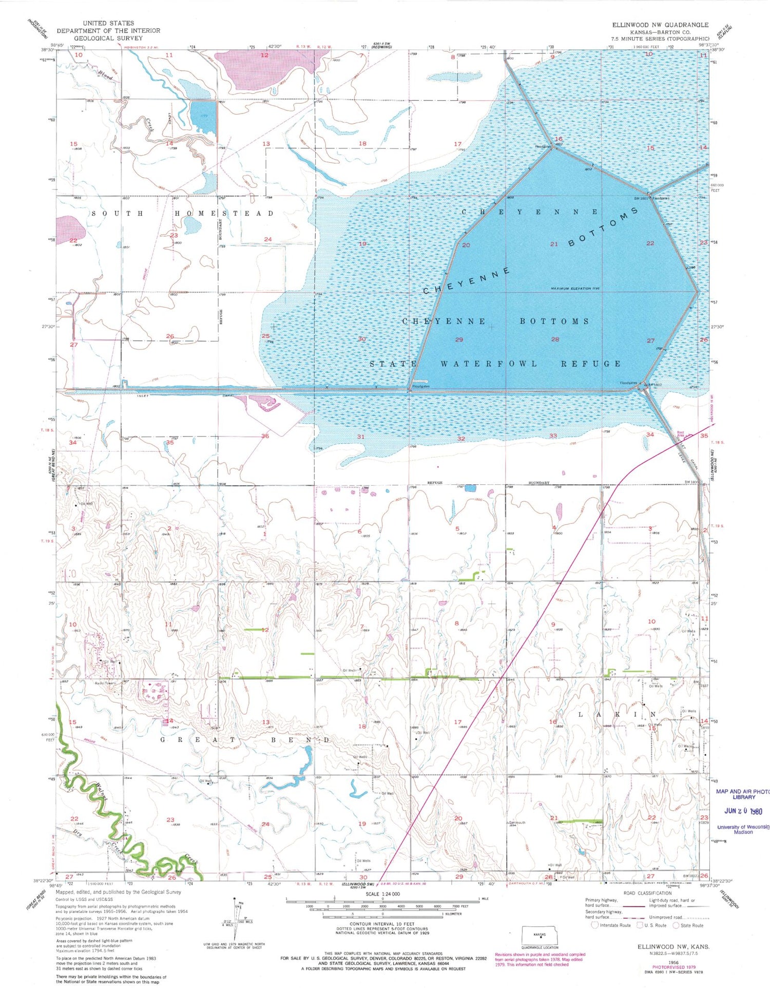 Classic USGS Ellinwood NW Kansas 7.5'x7.5' Topo Map Image