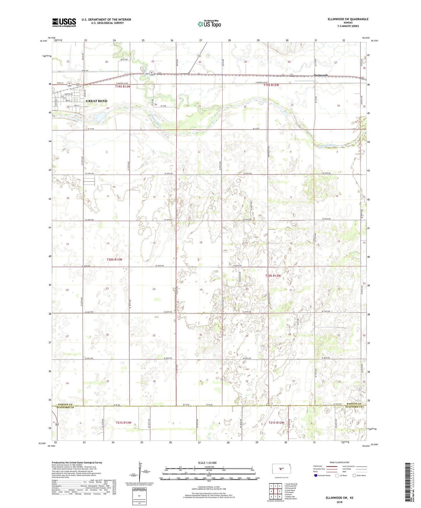 Ellinwood SW Kansas US Topo Map Image