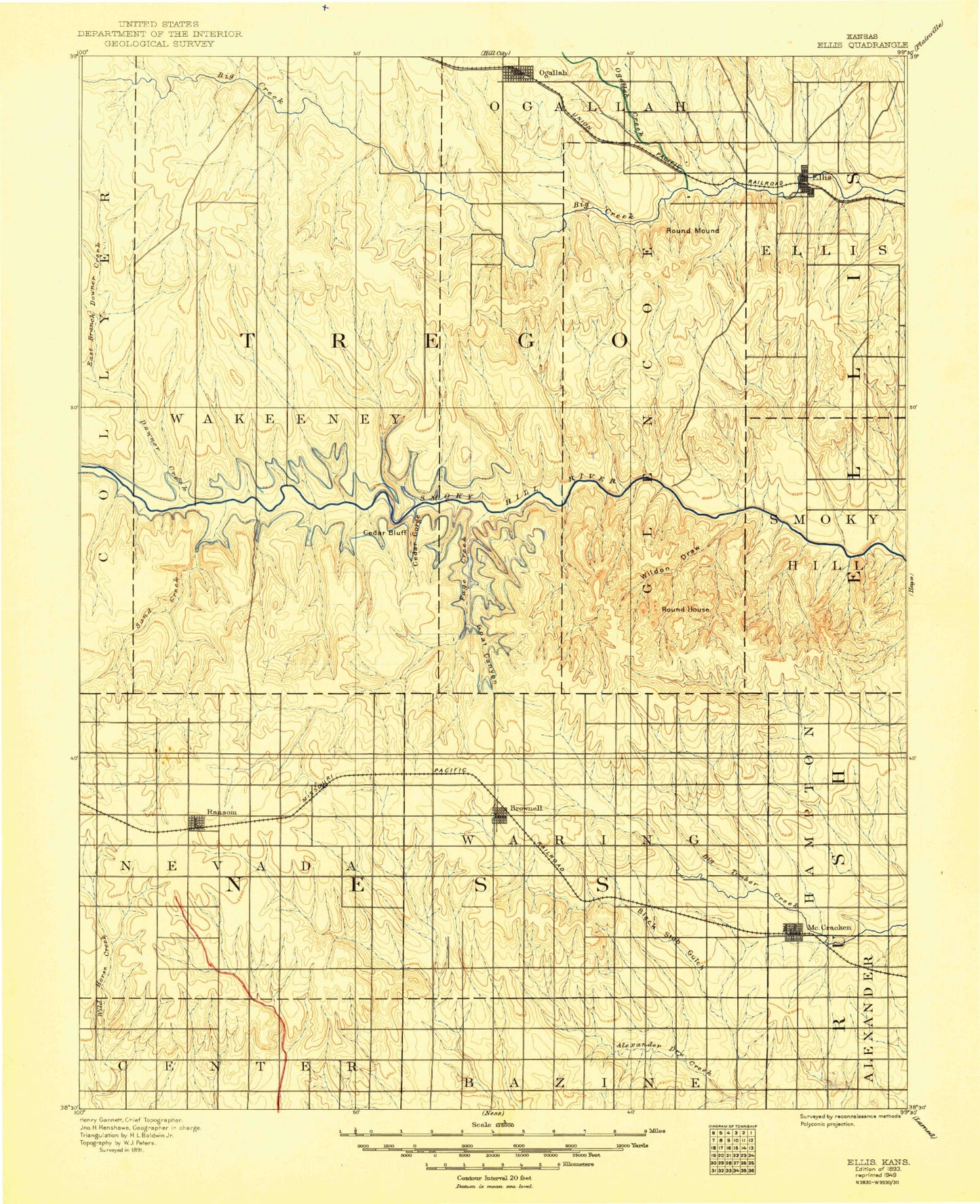 Historic 1893 Ellis Kansas 30'x30' Topo Map Image
