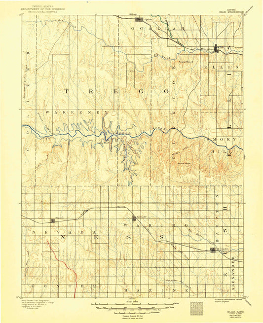 Historic 1893 Ellis Kansas 30'x30' Topo Map Image