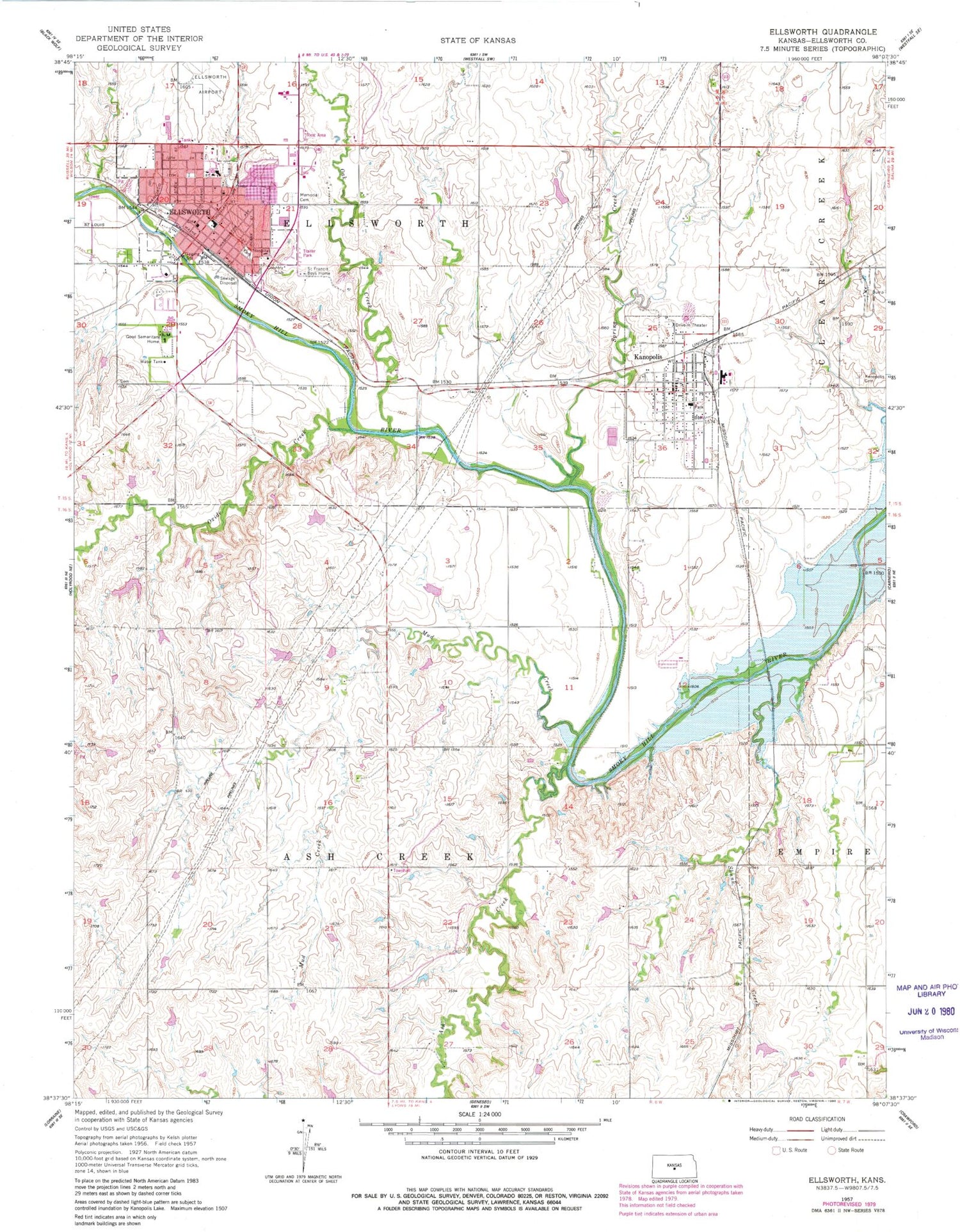 Classic USGS Ellsworth Kansas 7.5'x7.5' Topo Map Image