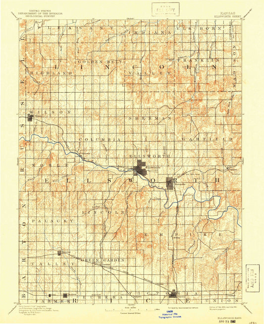 Historic 1894 Ellsworth Kansas 30'x30' Topo Map Image
