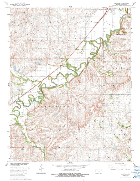 Classic USGS Elmdale Kansas 7.5'x7.5' Topo Map Image