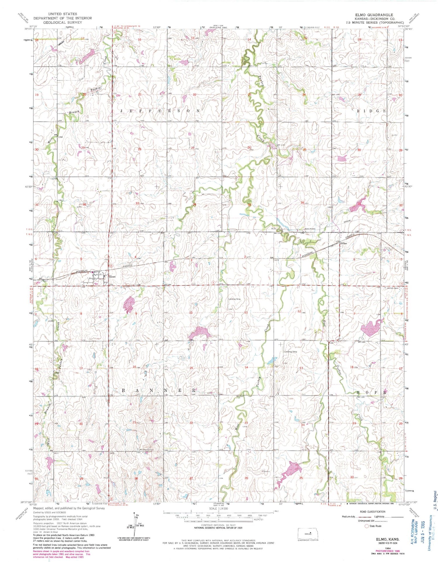Classic USGS Elmo Kansas 7.5'x7.5' Topo Map Image