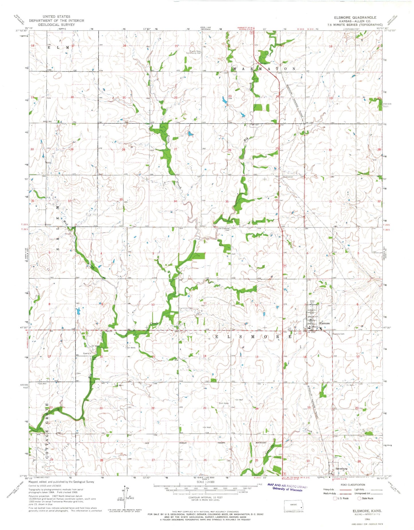 Classic USGS Elsmore Kansas 7.5'x7.5' Topo Map Image