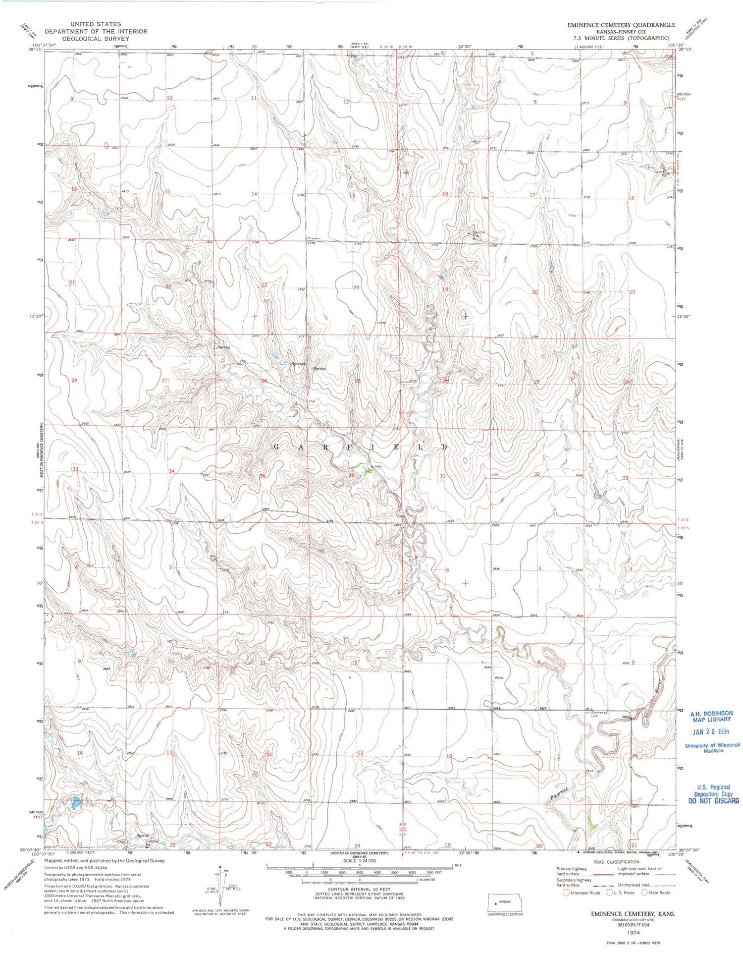 Classic USGS Eminence Cemetery Kansas 7.5'x7.5' Topo Map Image