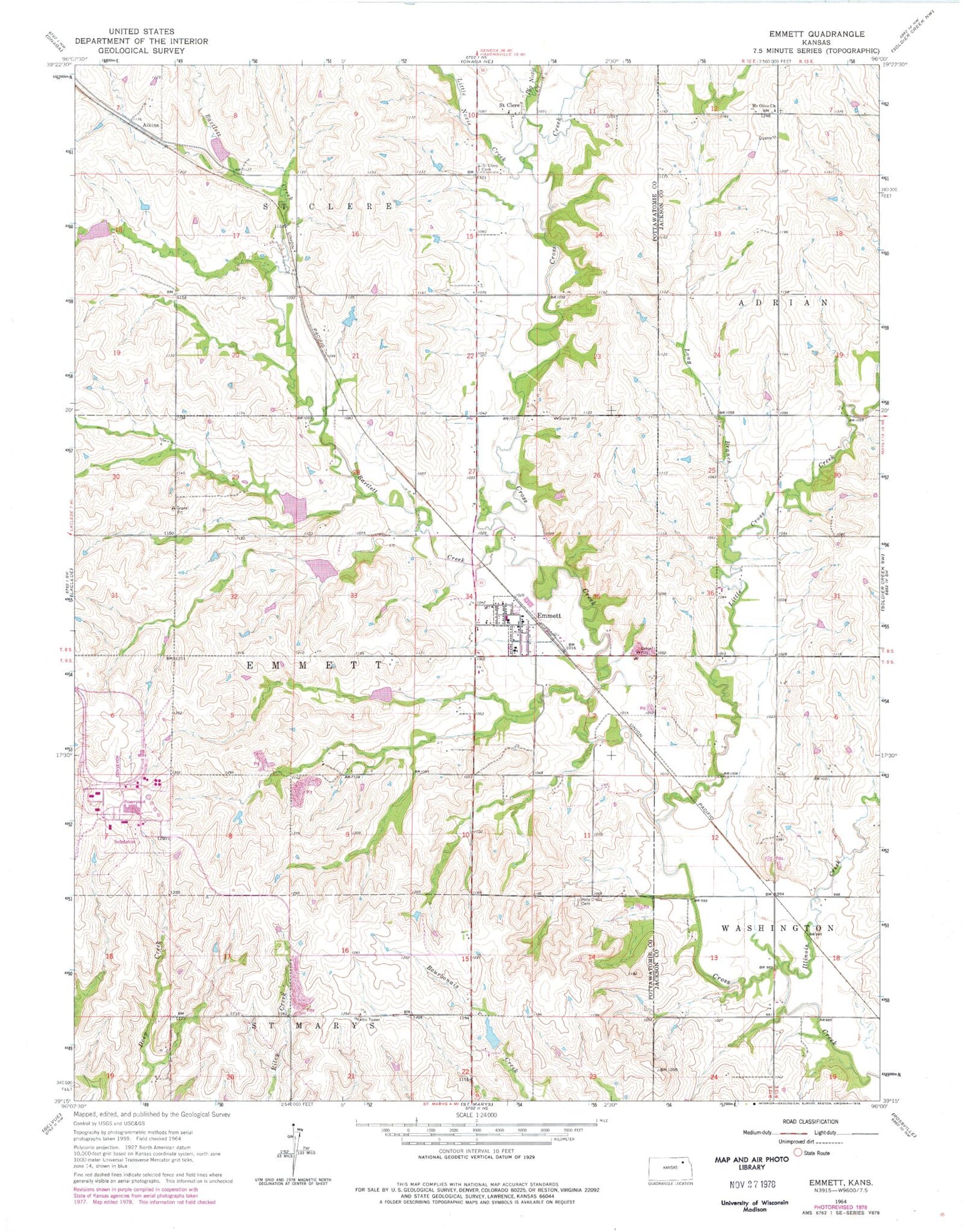 Classic USGS Emmett Kansas 7.5'x7.5' Topo Map Image