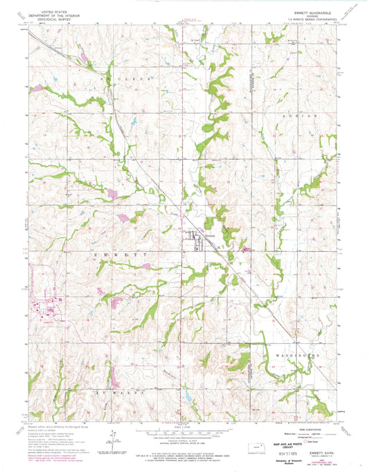 Classic USGS Emmett Kansas 7.5'x7.5' Topo Map Image