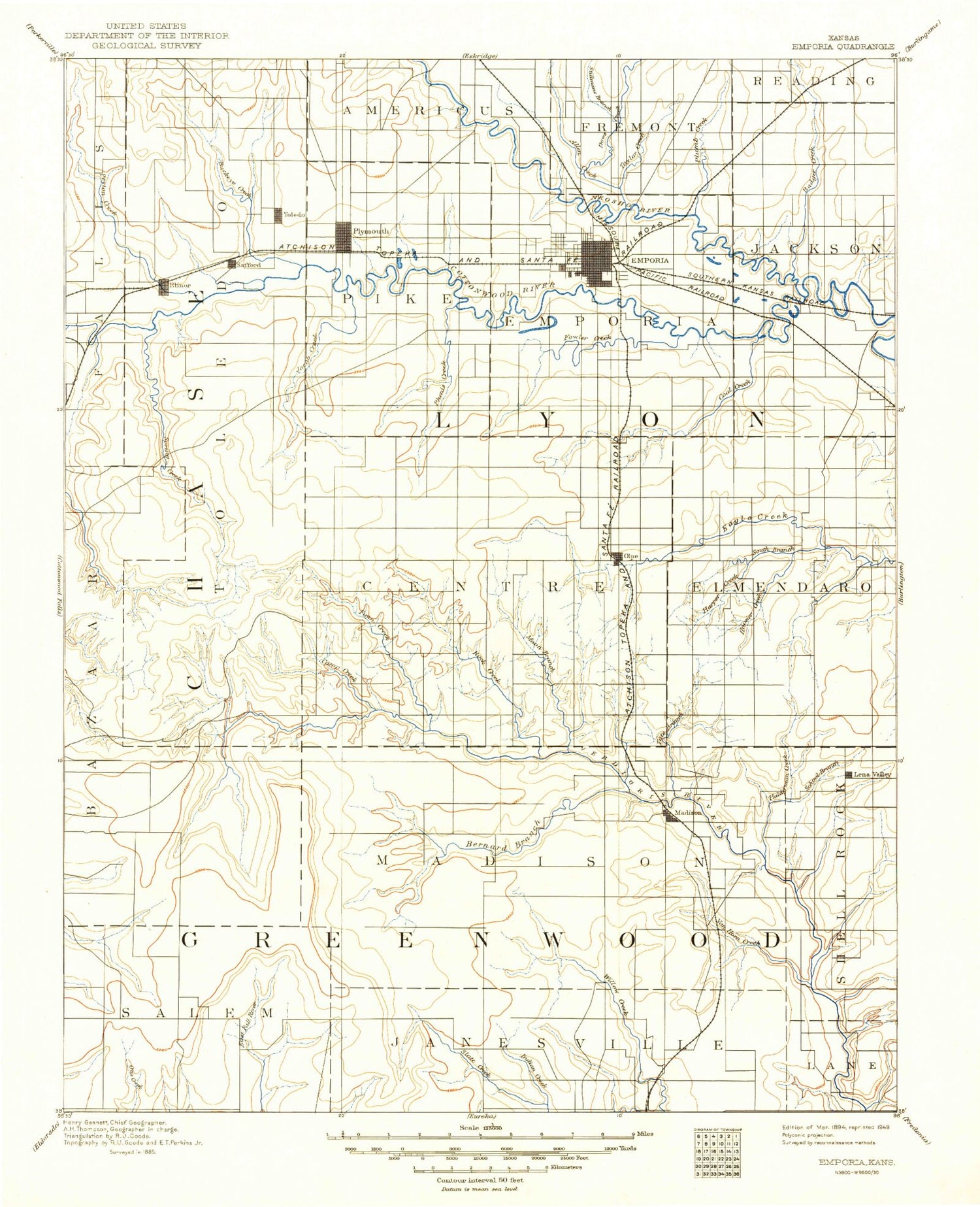 Historic 1894 Emporia Kansas 30'x30' Topo Map Image