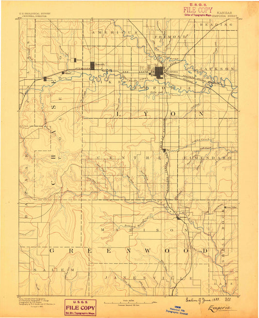 Historic 1888 Emporia Kansas 30'x30' Topo Map Image