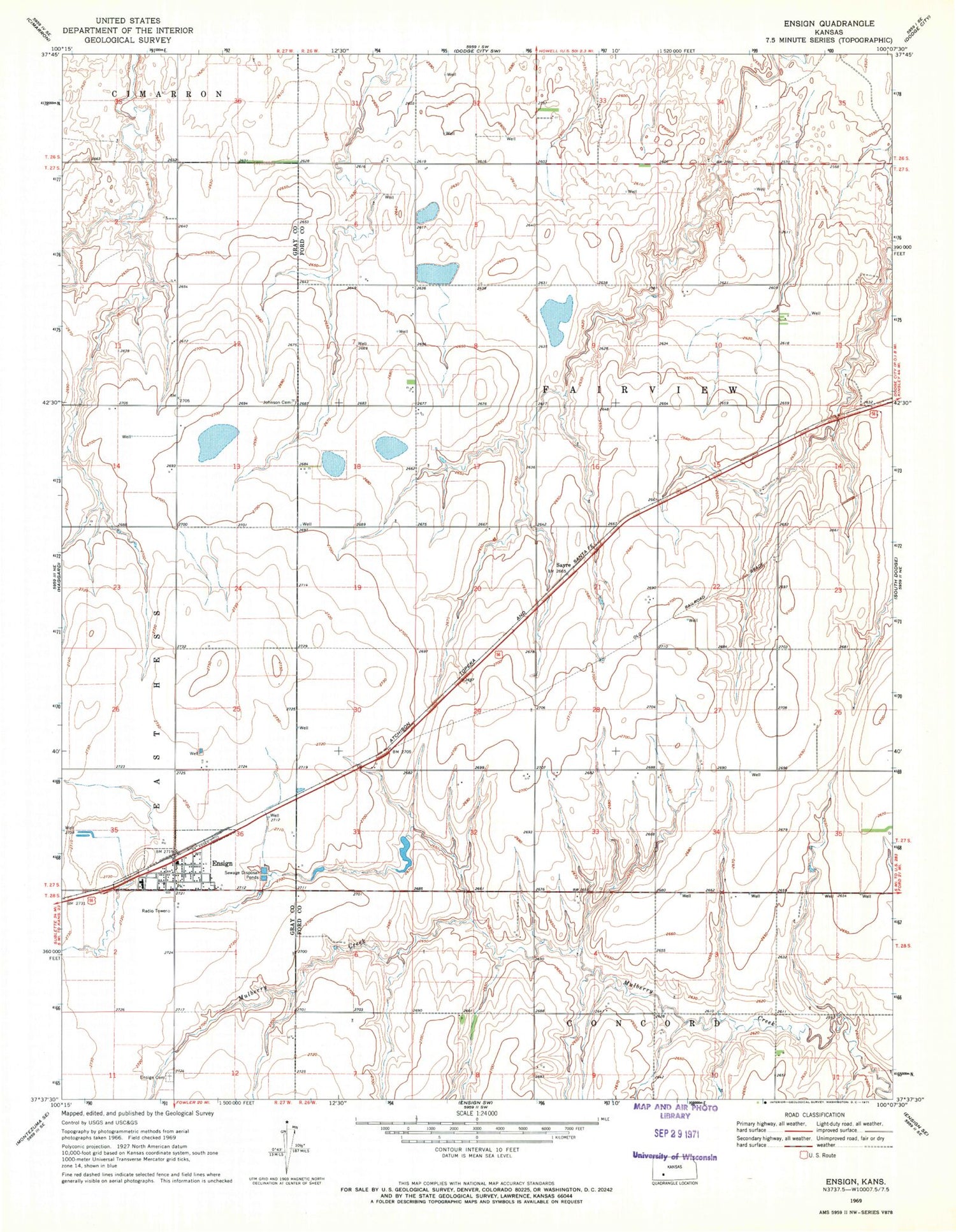 Classic USGS Ensign Kansas 7.5'x7.5' Topo Map Image