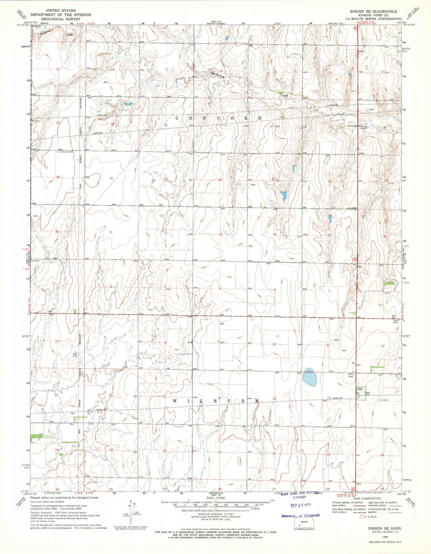 Classic USGS Ensign SE Kansas 7.5'x7.5' Topo Map Image
