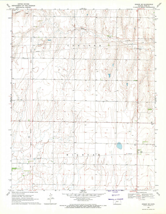 Classic USGS Ensign SE Kansas 7.5'x7.5' Topo Map Image