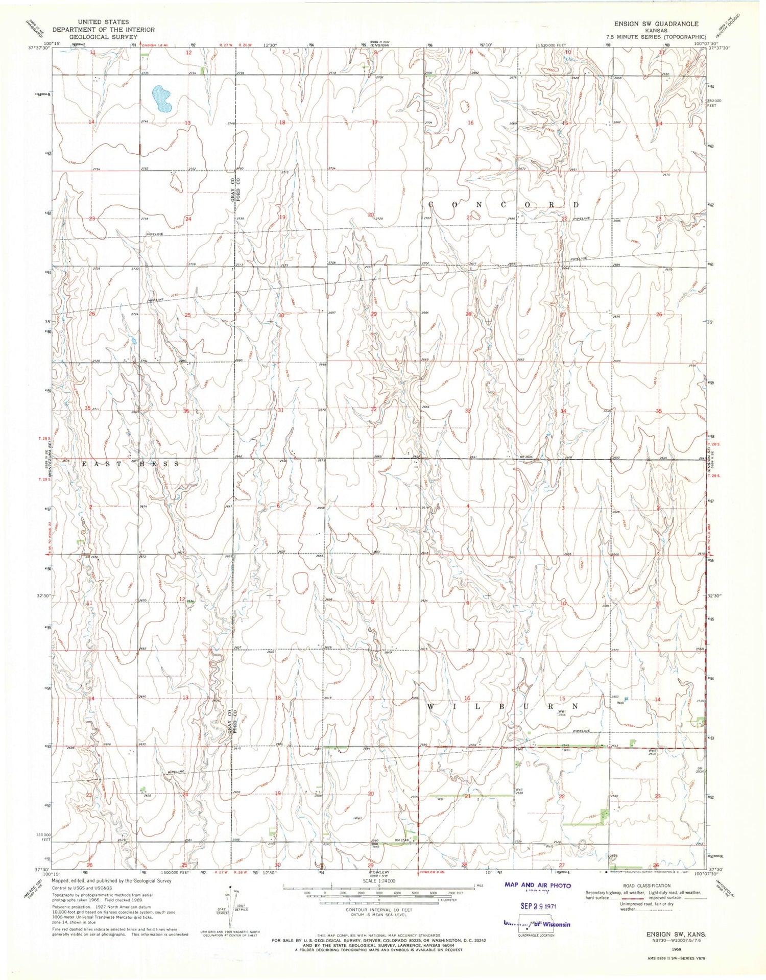 Classic USGS Ensign SW Kansas 7.5'x7.5' Topo Map Image