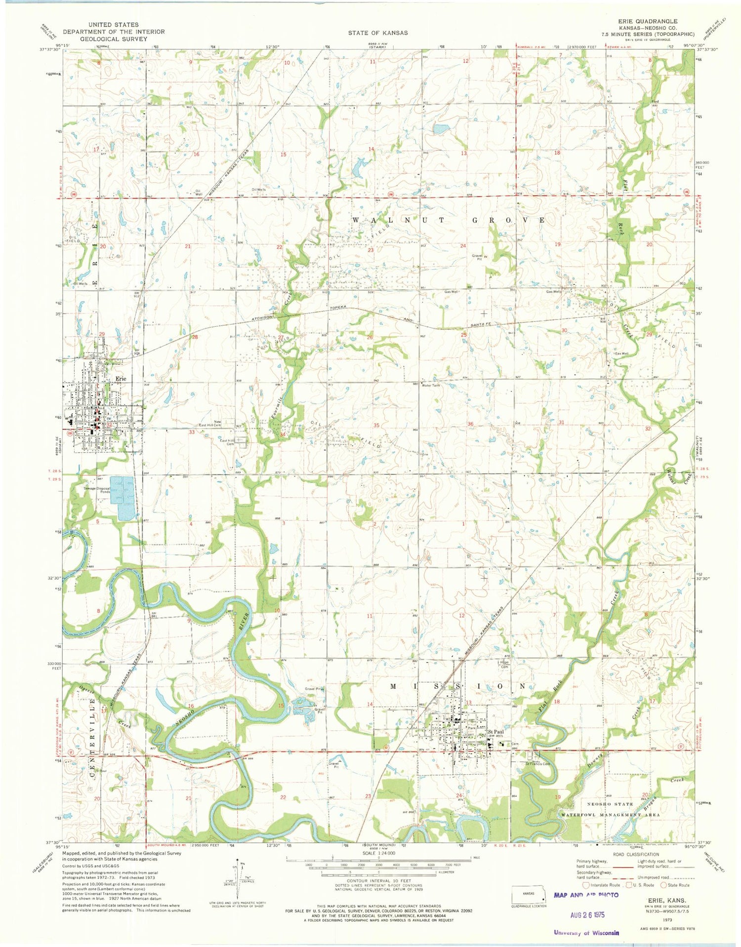 Classic USGS Erie Kansas 7.5'x7.5' Topo Map Image