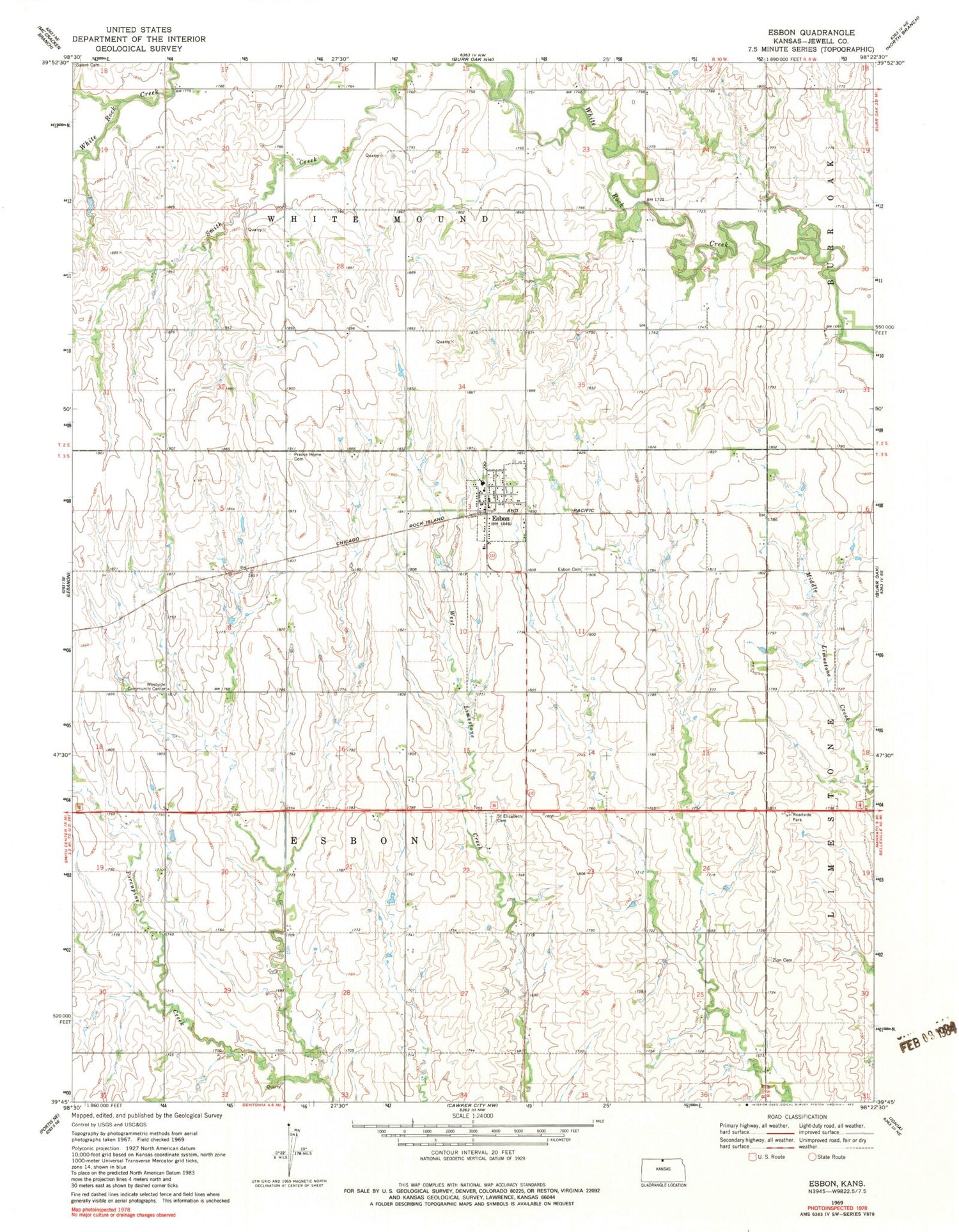 Classic USGS Esbon Kansas 7.5'x7.5' Topo Map Image