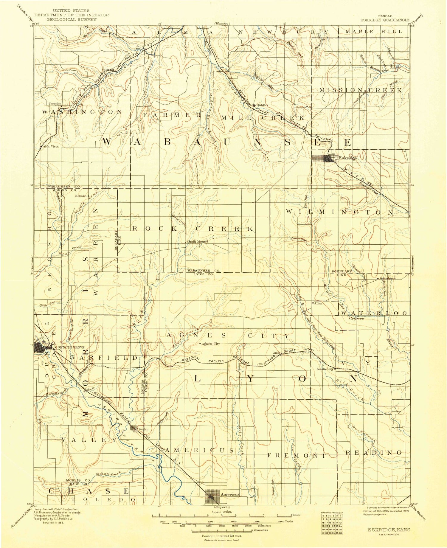Historic 1894 Eskridge Kansas 30'x30' Topo Map Image
