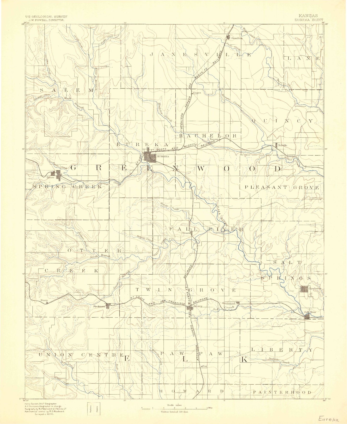 Historic 1885 Eureka Kansas 30'x30' Topo Map Image