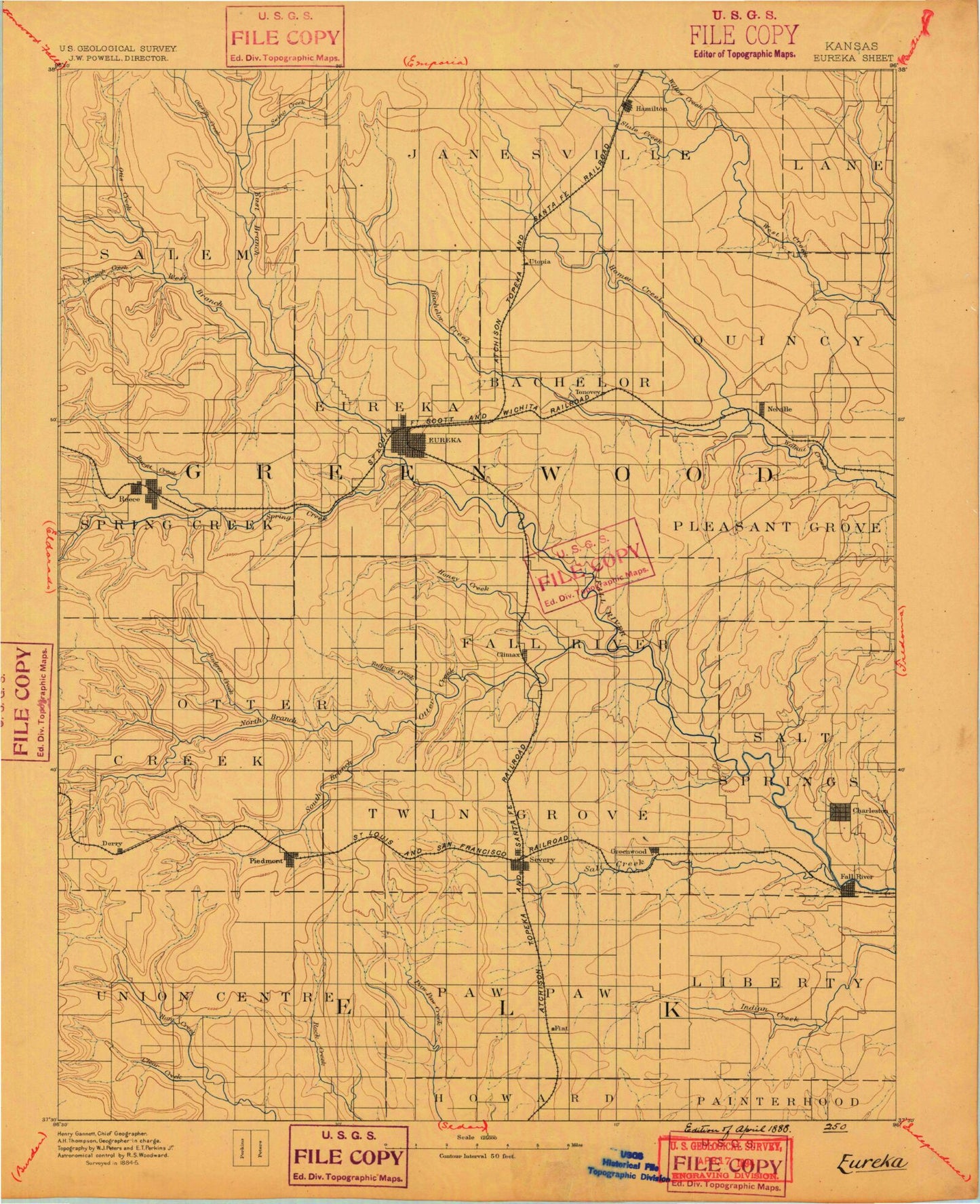 Historic 1888 Eureka Kansas 30'x30' Topo Map Image