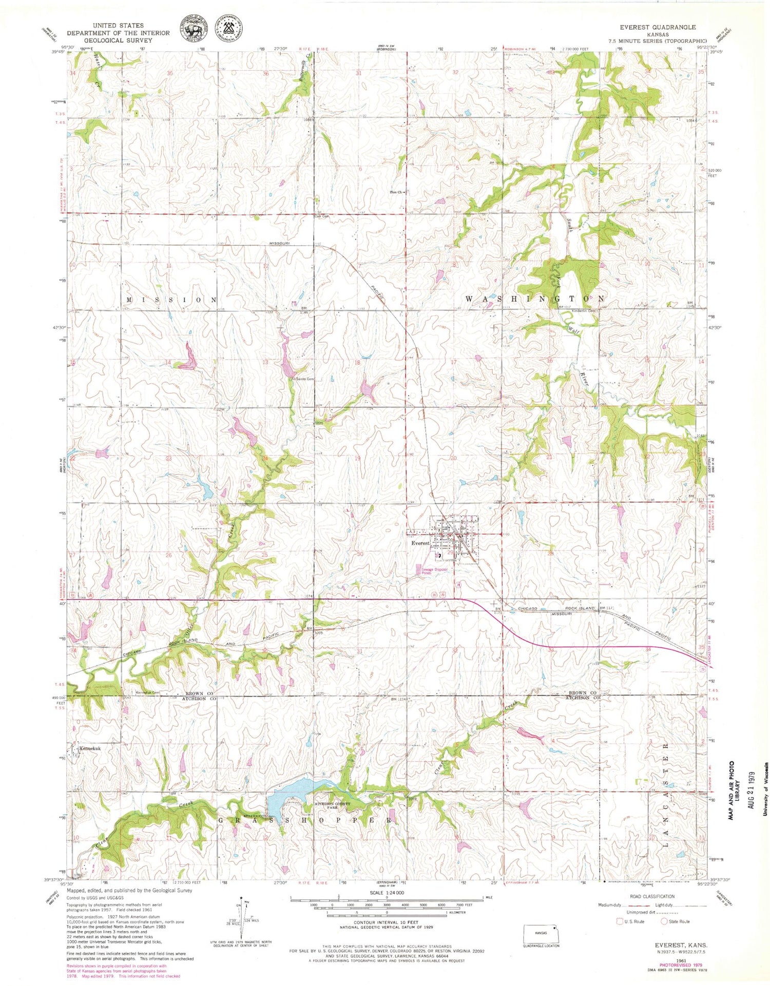 Classic USGS Everest Kansas 7.5'x7.5' Topo Map Image