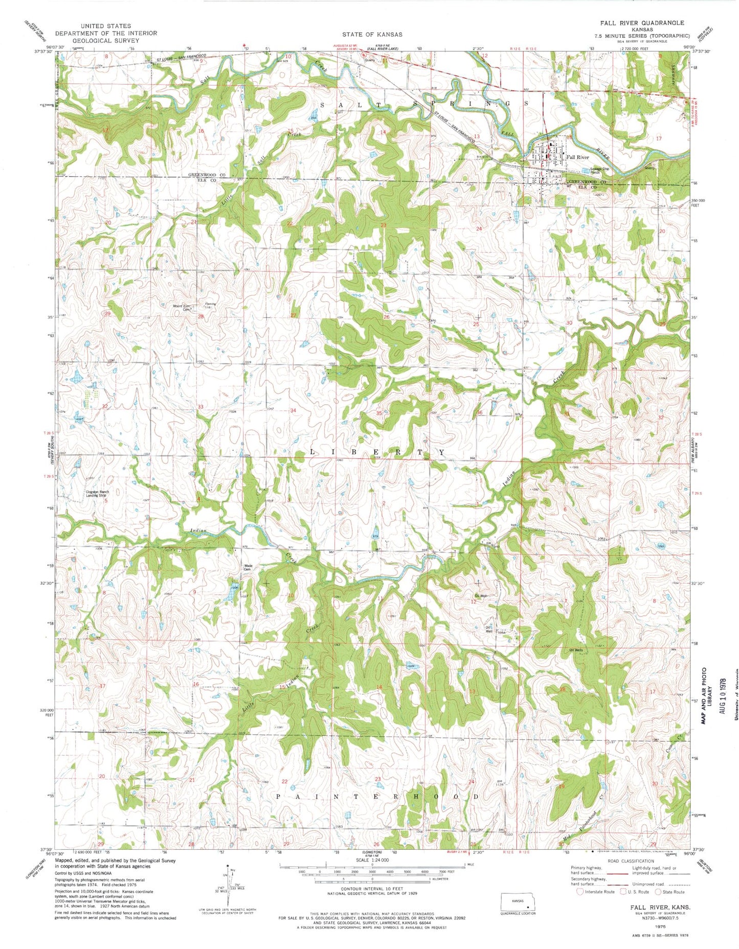 Classic USGS Fall River Kansas 7.5'x7.5' Topo Map Image