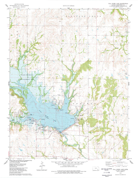 Classic USGS Fall River Lake Kansas 7.5'x7.5' Topo Map Image