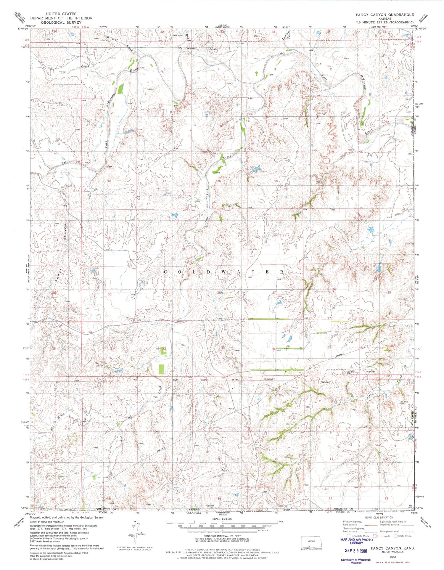Classic USGS Fancy Canyon Kansas 7.5'x7.5' Topo Map Image