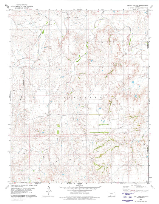 Classic USGS Fancy Canyon Kansas 7.5'x7.5' Topo Map Image
