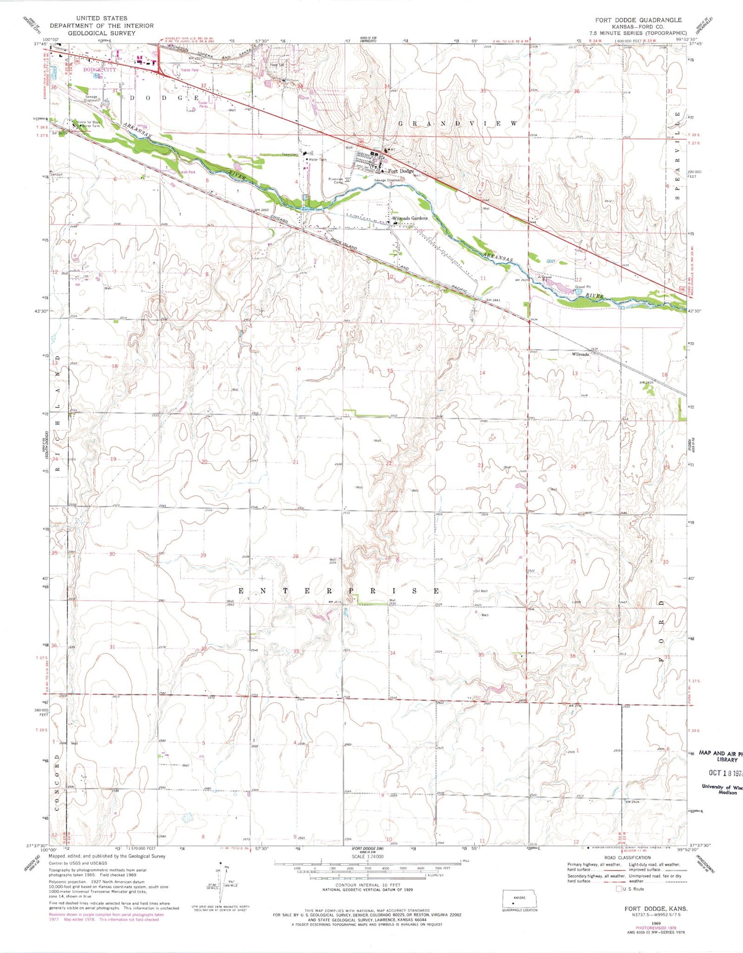 Classic USGS Fort Dodge Kansas 7.5'x7.5' Topo Map Image