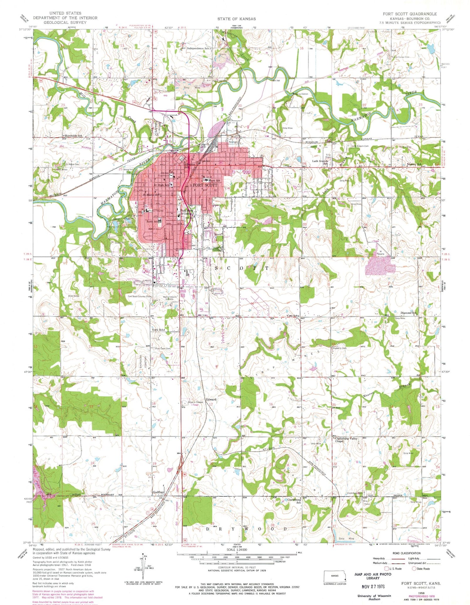 Classic USGS Fort Scott Kansas 7.5'x7.5' Topo Map Image