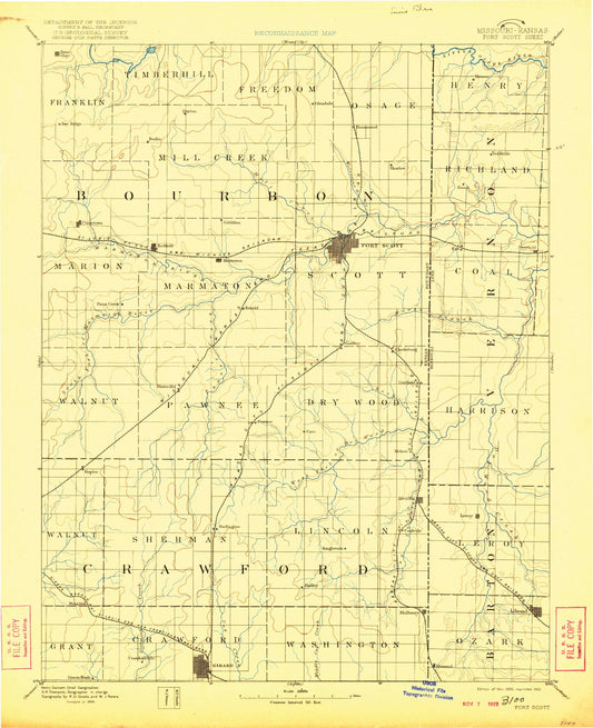 Historic 1893 Fort Scott Kansas 30'x30' Topo Map Image