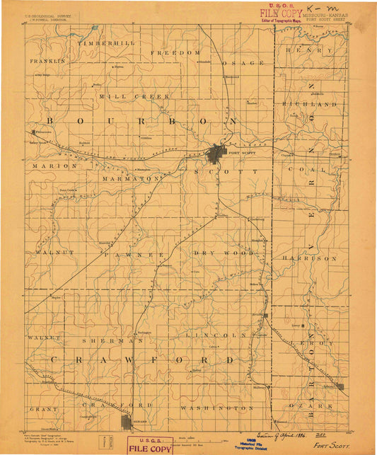 Historic 1886 Fort Scott Kansas 30'x30' Topo Map Image