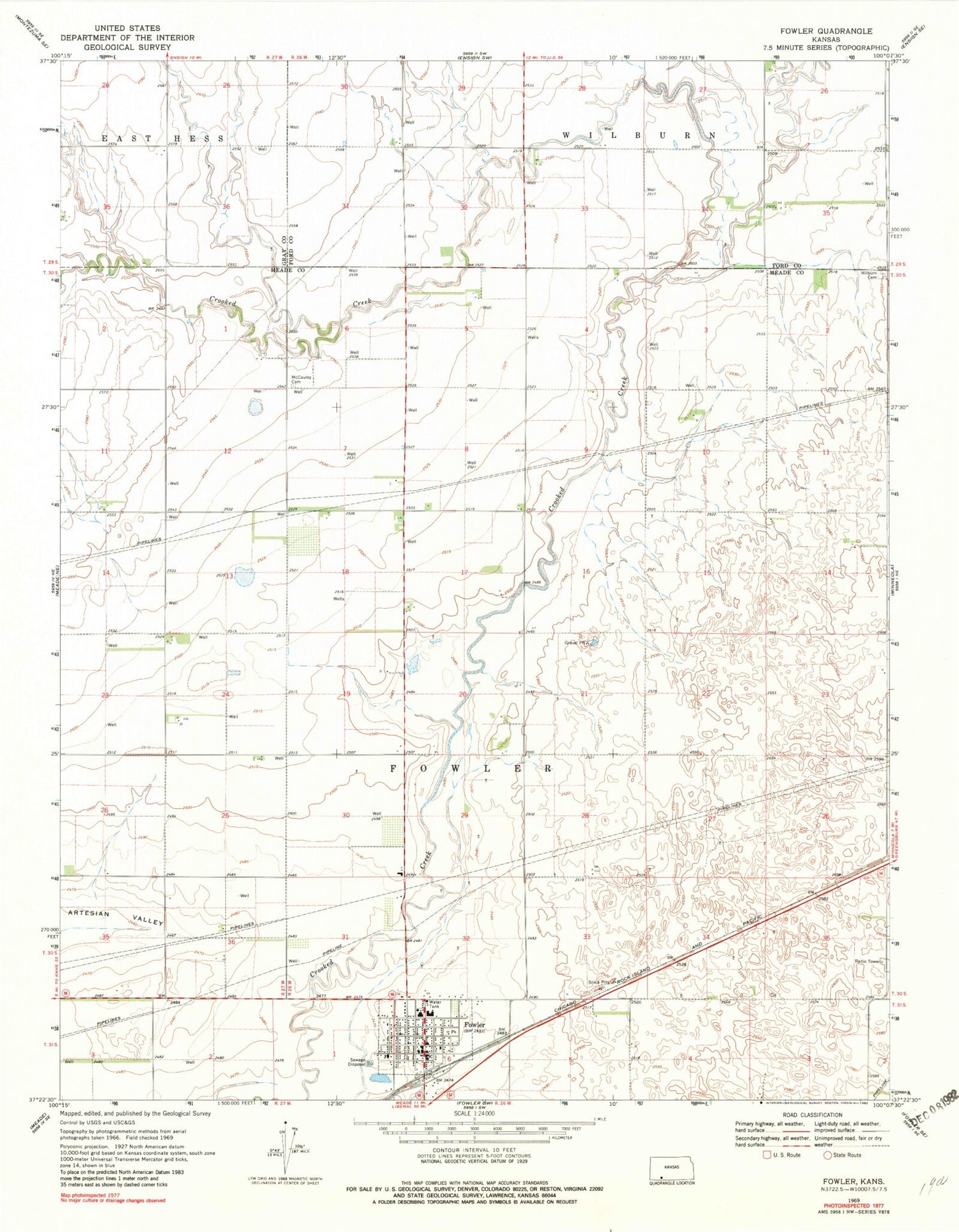 Classic USGS Fowler Kansas 7.5'x7.5' Topo Map Image