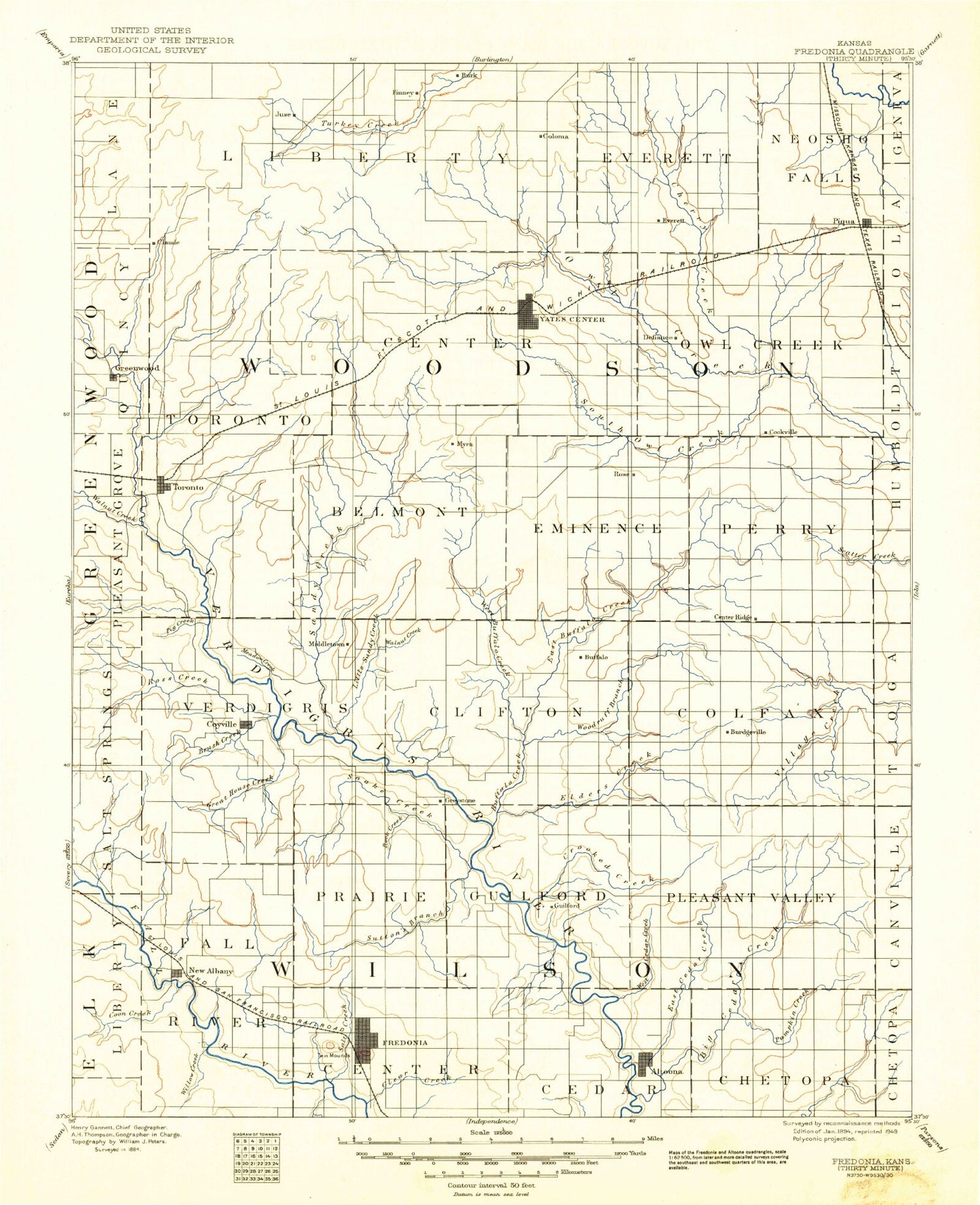 Historic 1894 Fredonia Kansas 30'x30' Topo Map Image