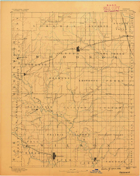 Historic 1886 Fredonia Kansas 30'x30' Topo Map Image