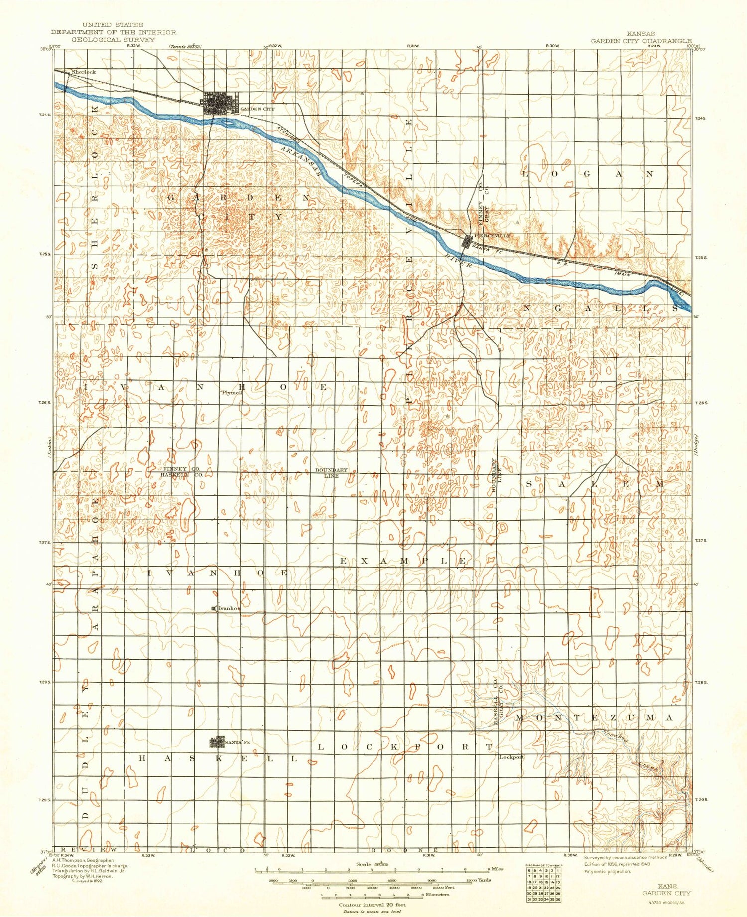 Historic 1896 Garden City Kansas 30'x30' Topo Map Image