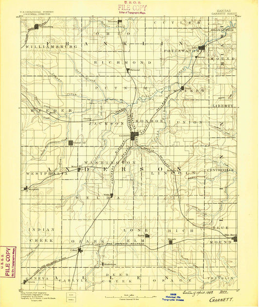 Historic 1885 Garnett Kansas 30'x30' Topo Map Image