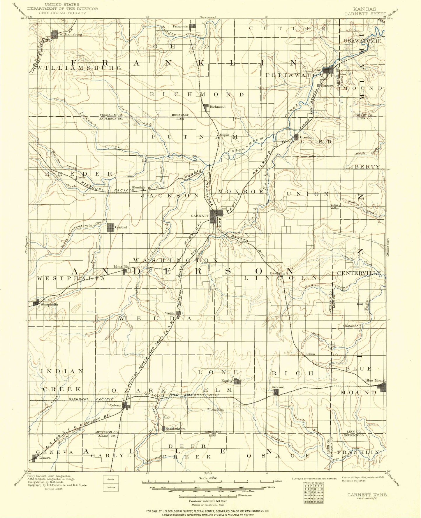 Historic 1894 Garnett Kansas 30'x30' Topo Map Image