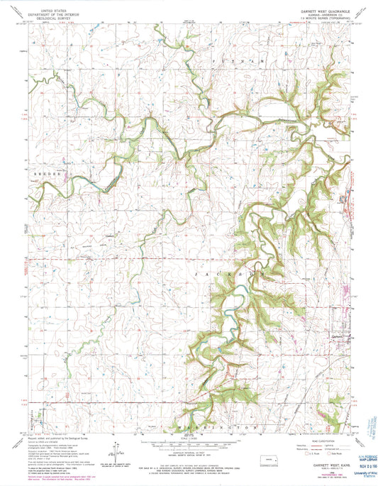 Classic USGS Garnett West Kansas 7.5'x7.5' Topo Map Image