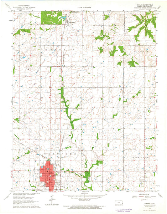 Classic USGS Girard Kansas 7.5'x7.5' Topo Map Image