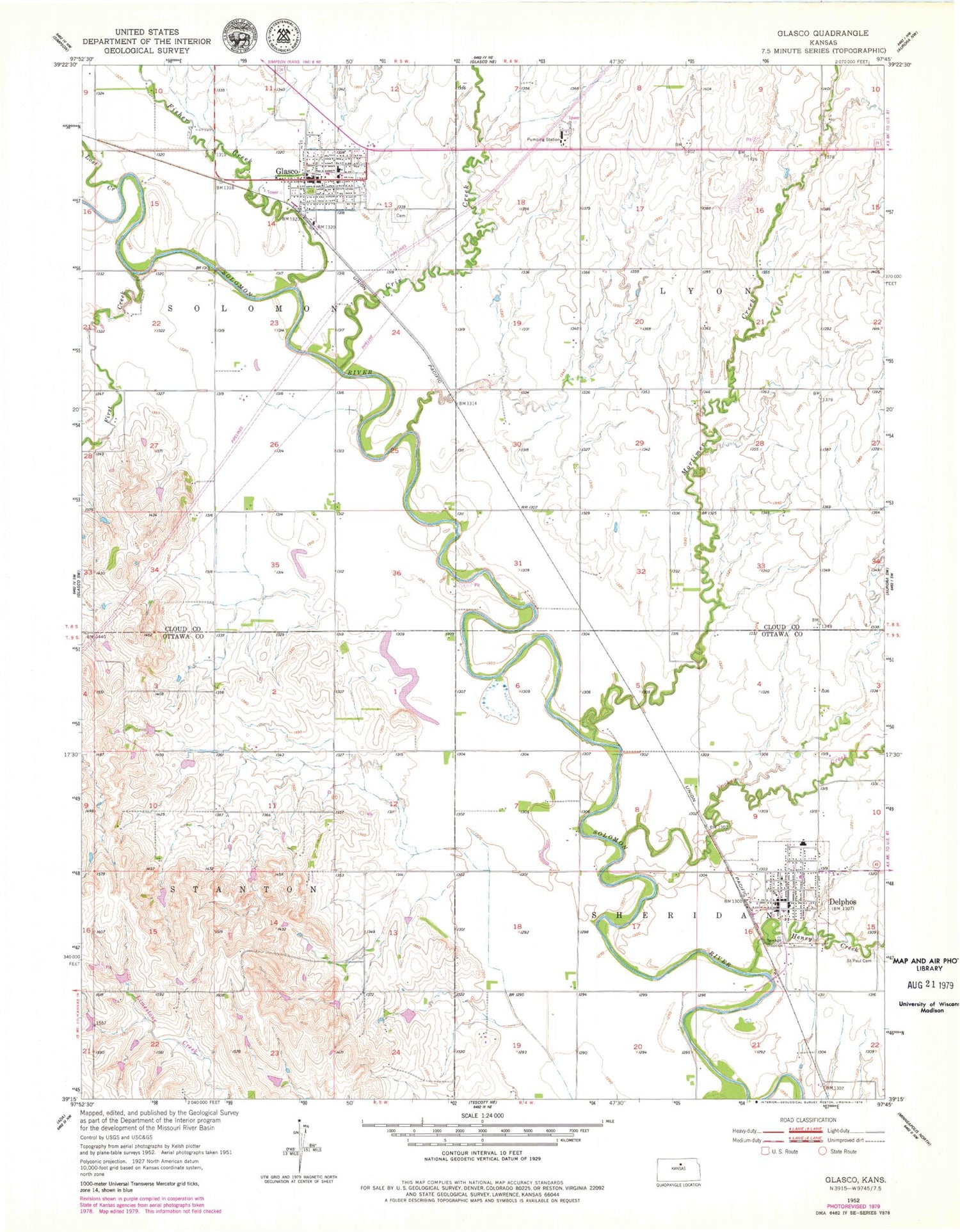 Classic USGS Glasco Kansas 7.5'x7.5' Topo Map Image